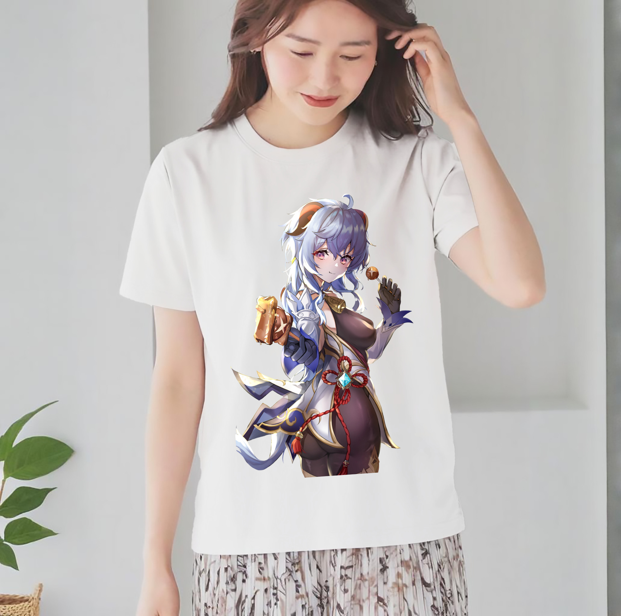 げんし神 甘雨 かんう genshin Ganyu レディースカジュアルプリントTシャツ（綿100％）