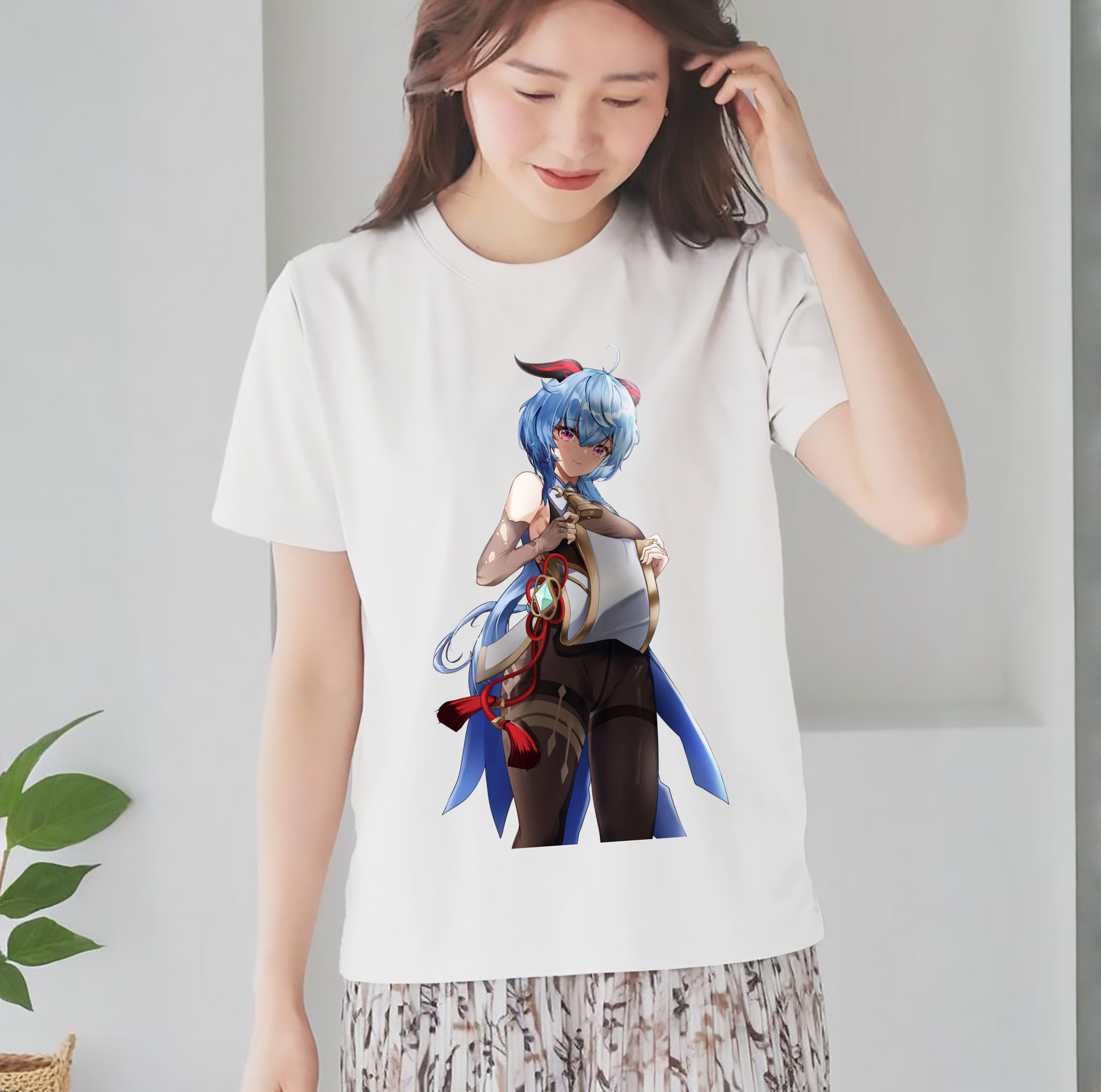 げんし神 甘雨 かんう genshin Ganyu レディースカジュアルプリントTシャツ（綿100％）